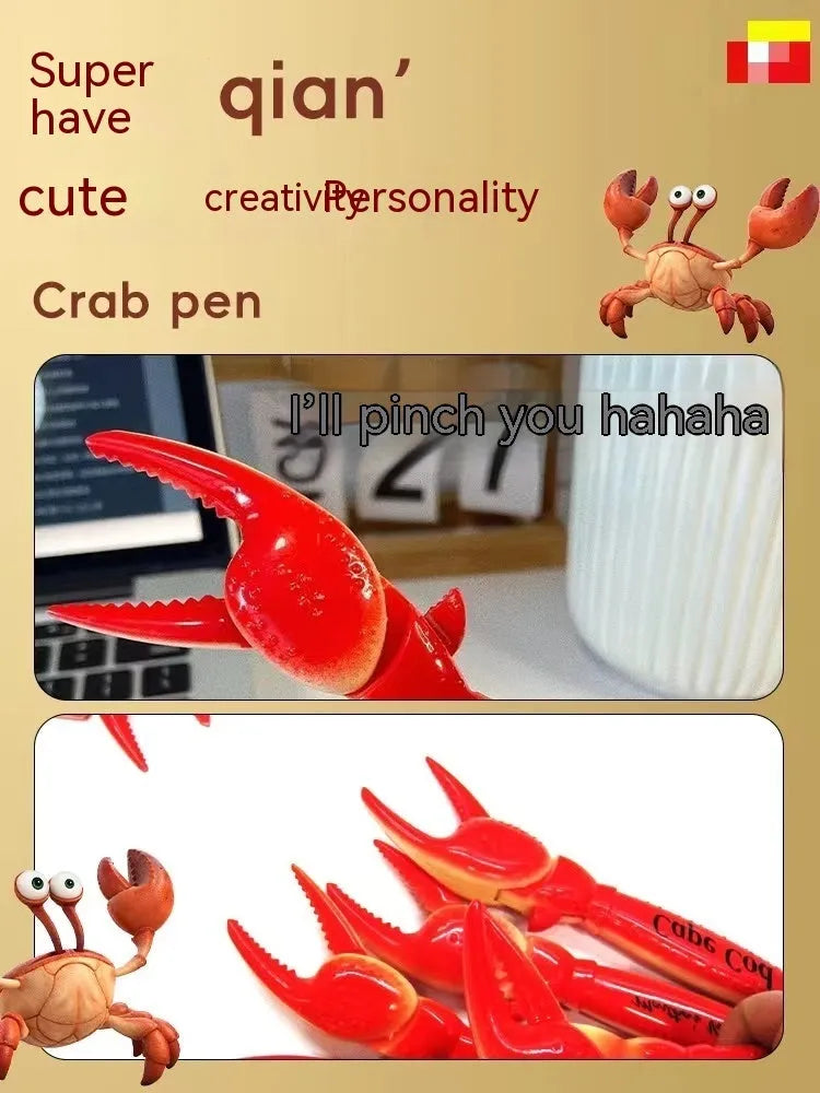 Crab-shaped novelty ballpoint pen with red pressable pincer clips on a white background