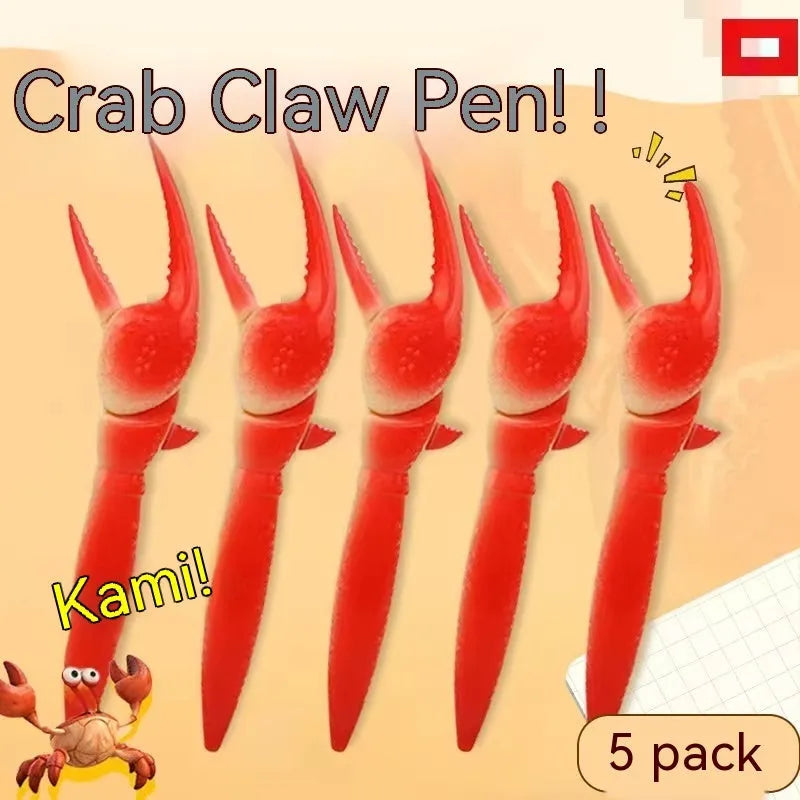 Crab-shaped novelty ballpoint pen with red pressable pincer clips on a white background
