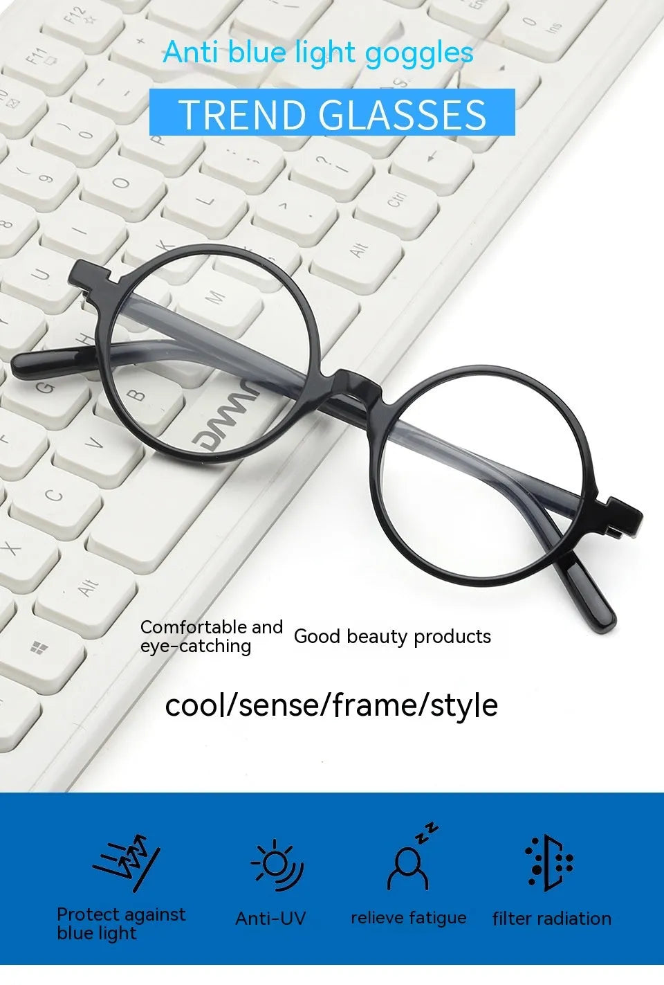 Artistic retro round flat mirror glasses in bright black, sand black, tofu pudding, and transparent grey colours.
