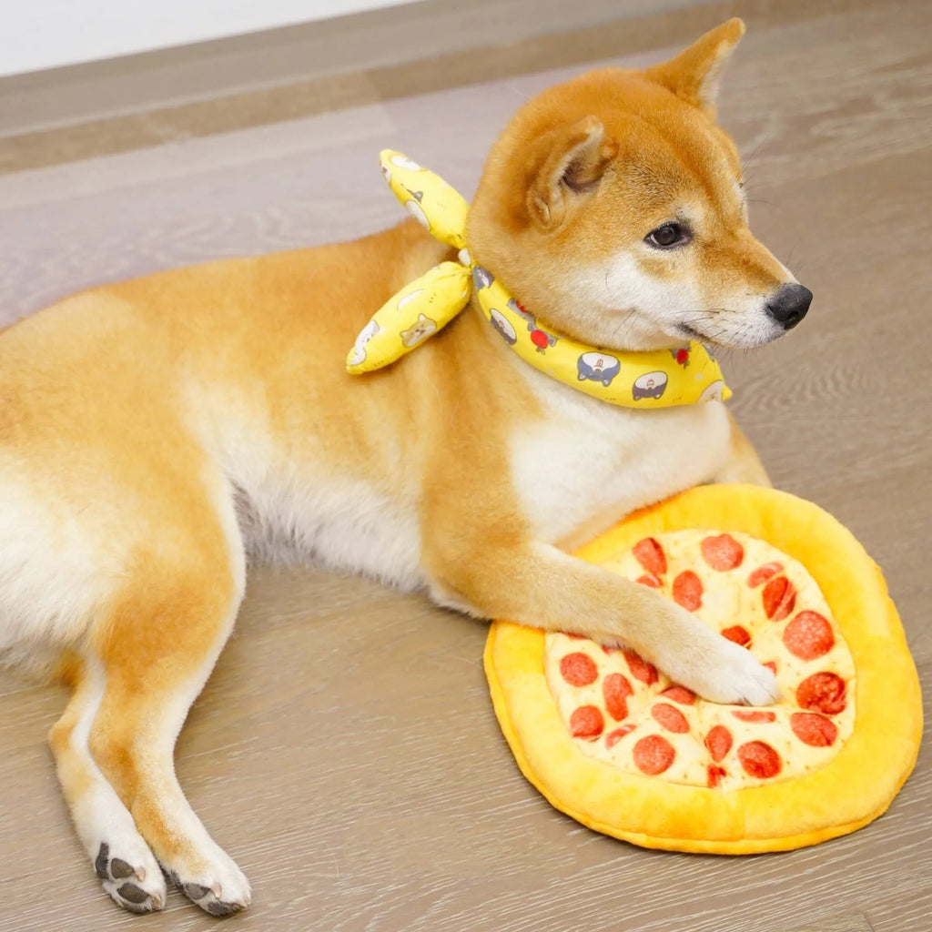 Yellow pizza slice teddy dog chewing toy with squeaker for medium-sized dogs