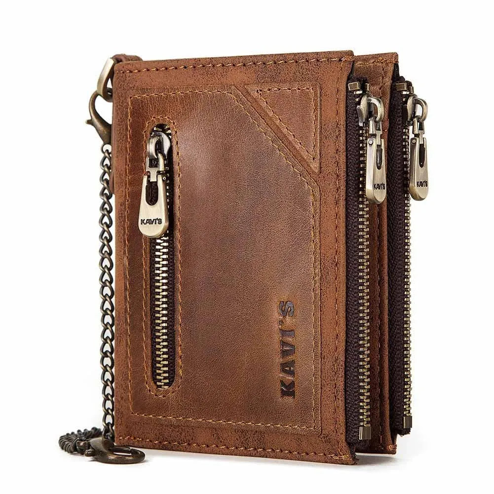 Dark brown men's leather wallet with chain detail showing RFID protection functionality
