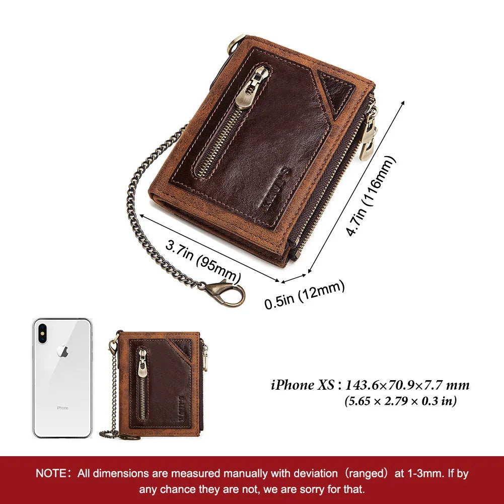 Dark brown men's leather wallet with chain detail showing RFID protection functionality