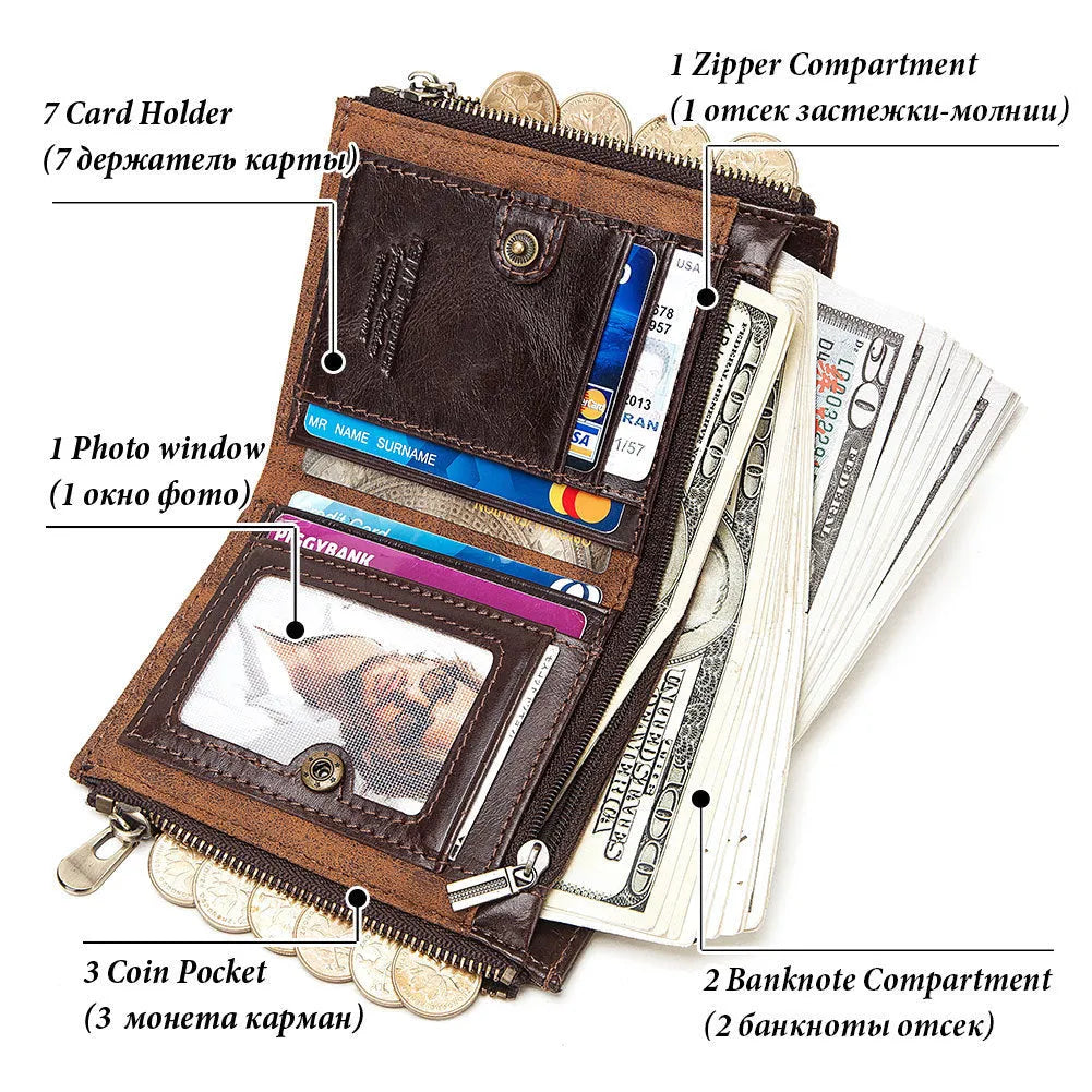 Dark brown men's leather wallet with chain detail showing RFID protection functionality