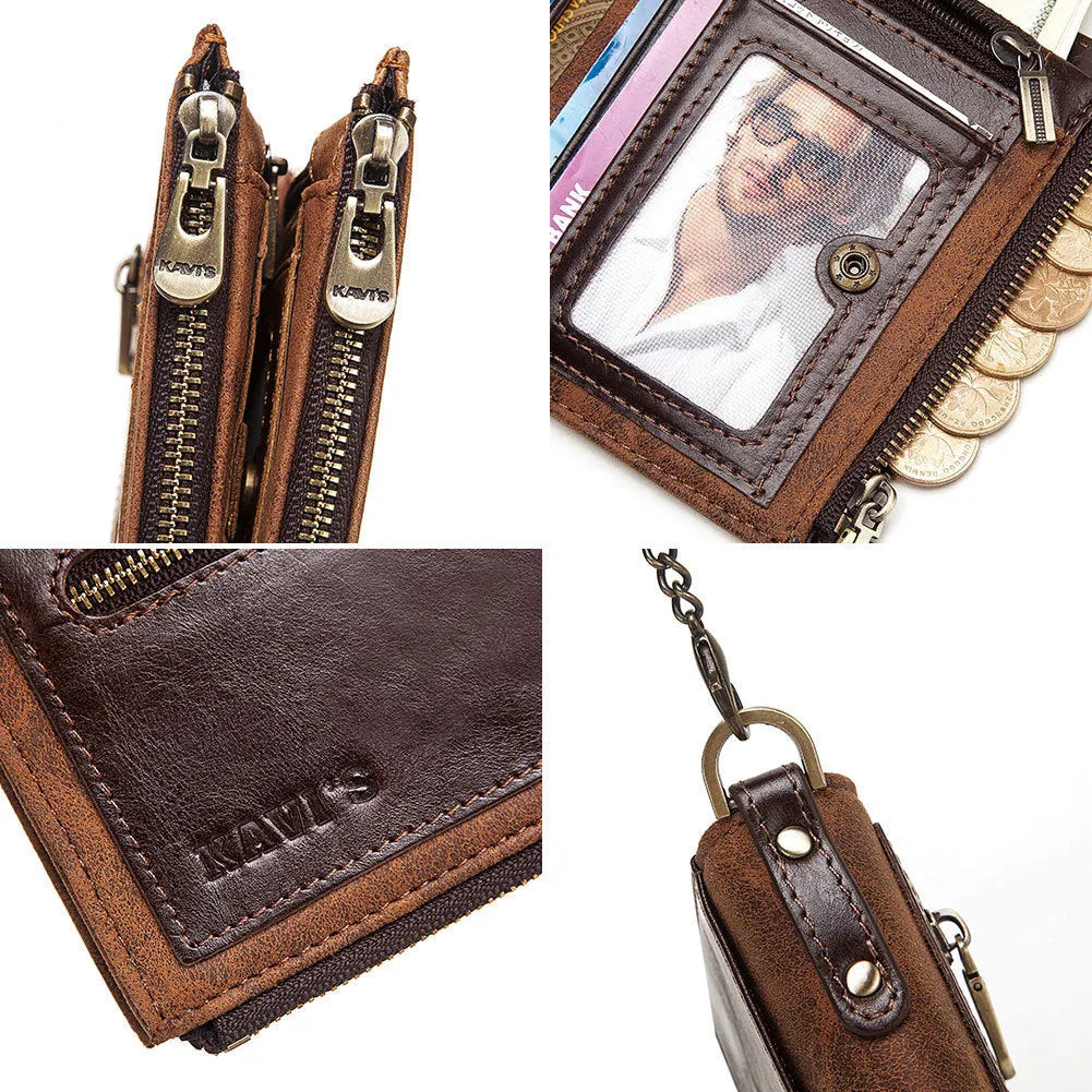 Dark brown men's leather wallet with chain detail showing RFID protection functionality