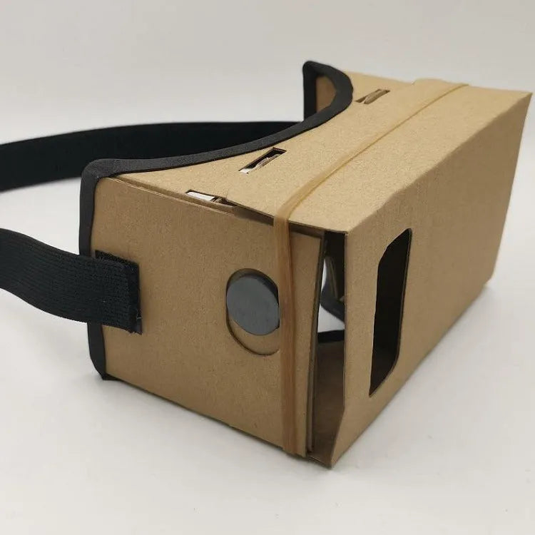 Pink and white cardboard VR glasses with rubber head strap and magnetic button for smartphones.