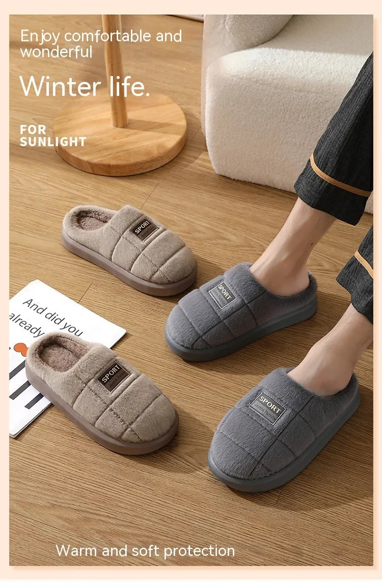 Men's grey and brown plaid rabbit hair slippers with a thick sole and wool lining