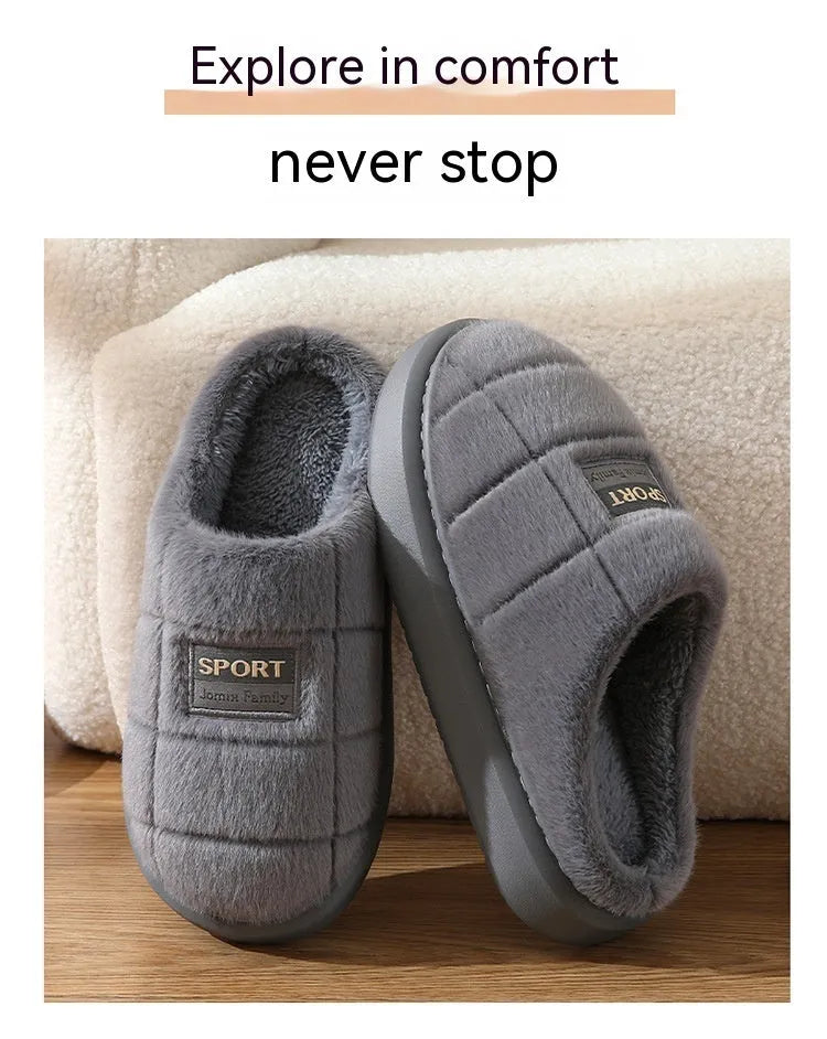 Men's grey and brown plaid rabbit hair slippers with a thick sole and wool lining