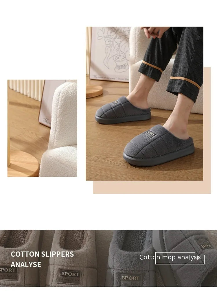 Men's grey and brown plaid rabbit hair slippers with a thick sole and wool lining