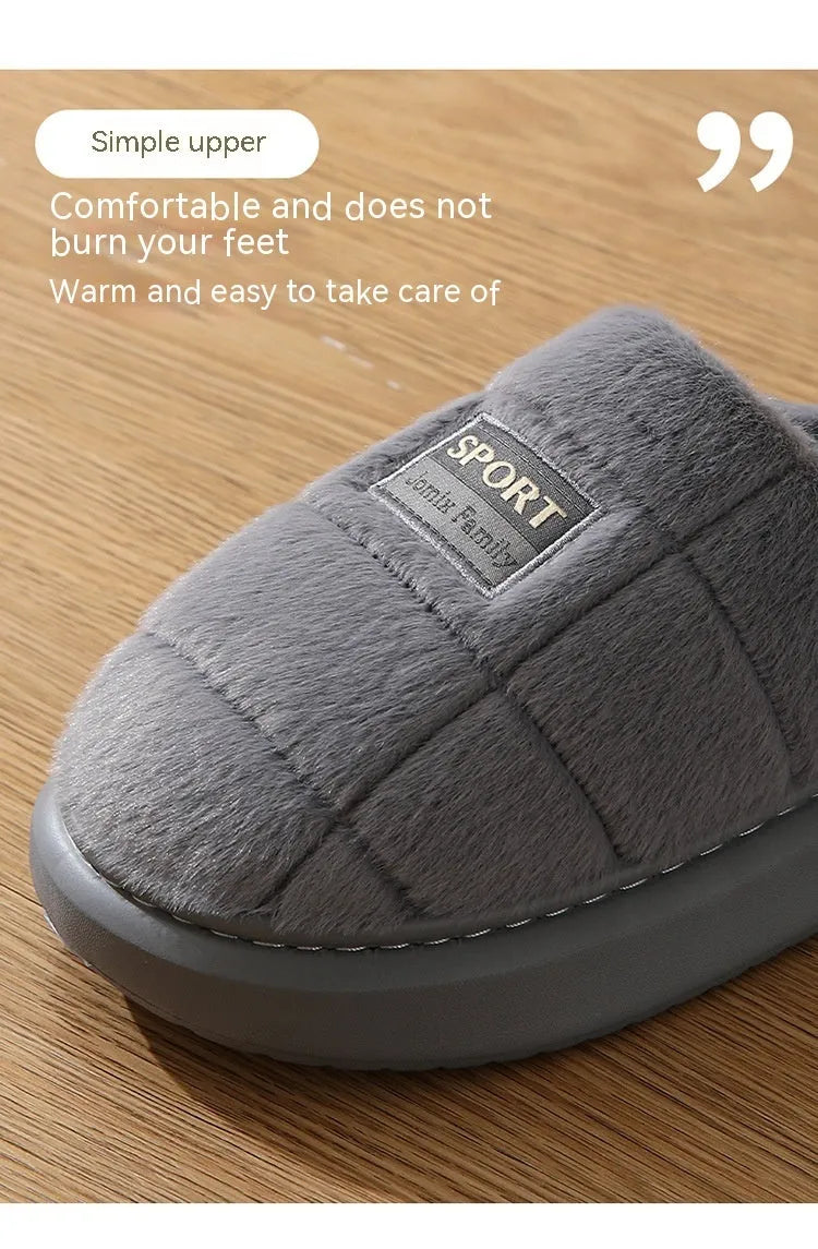 Men's grey and brown plaid rabbit hair slippers with a thick sole and wool lining