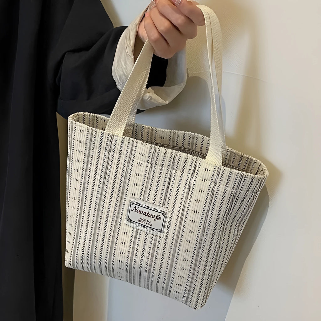 Japanese style corduroy handbag in ivory white, grey, or dark brown with large capacity interior