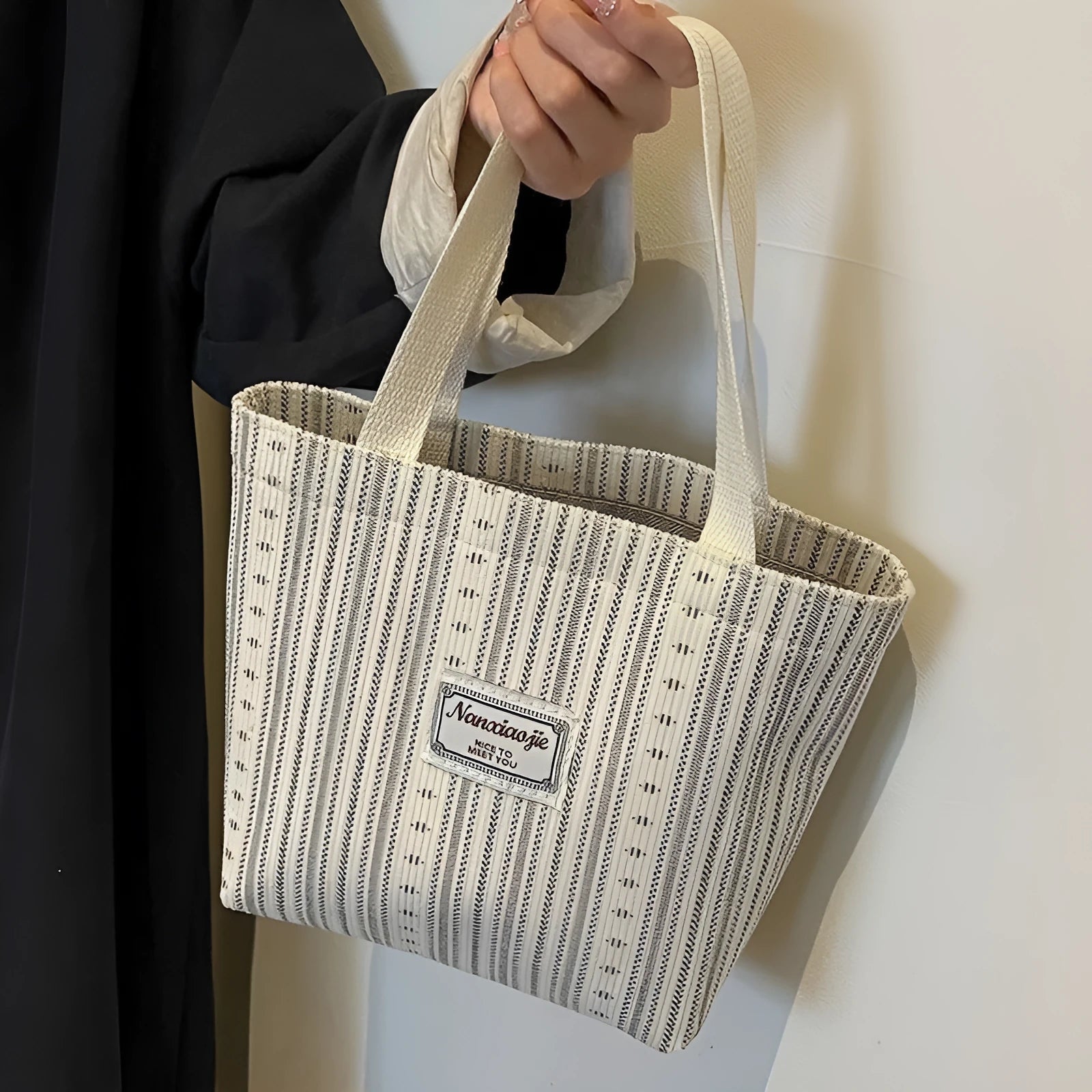 Japanese style corduroy handbag in ivory white, grey, or dark brown with large capacity interior