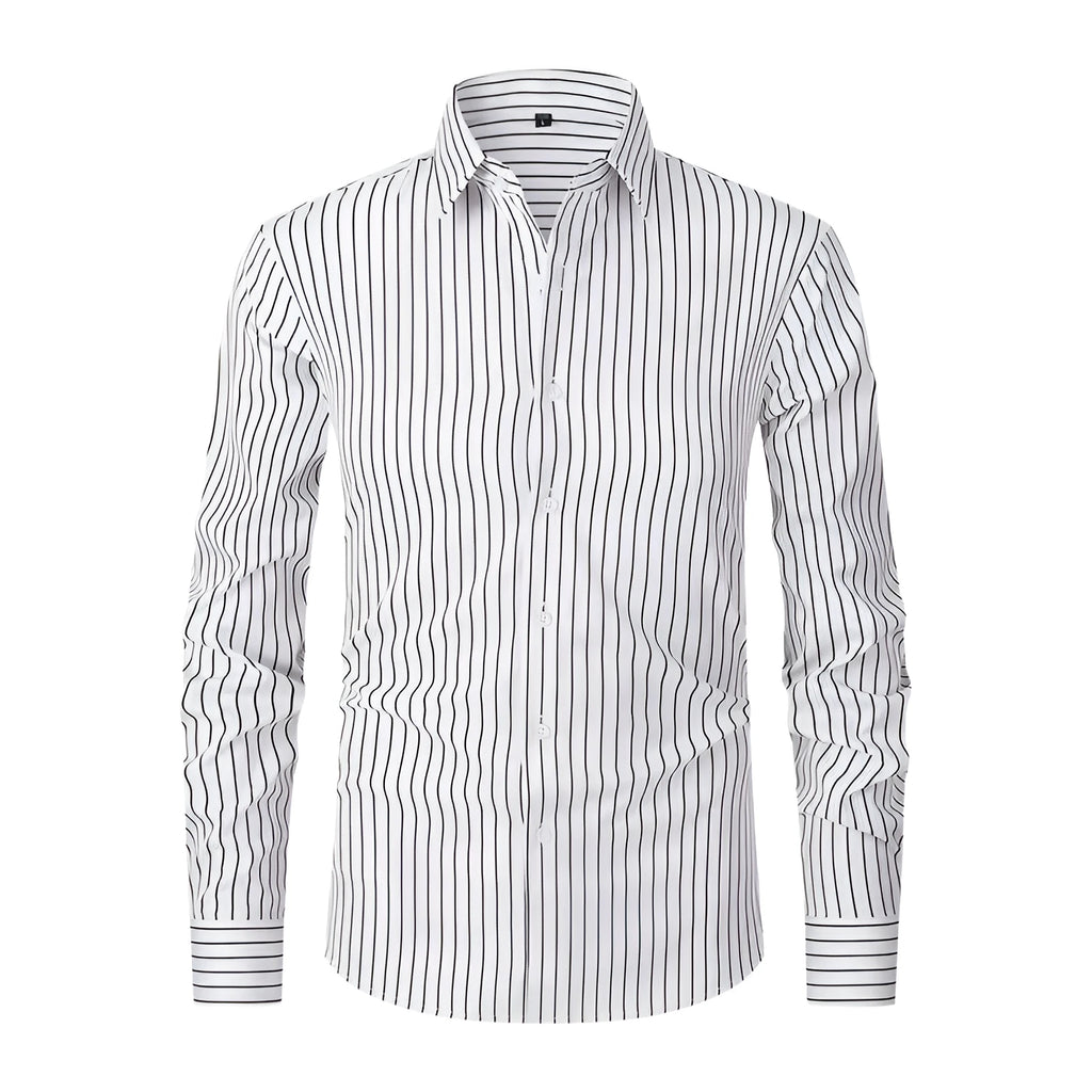 Man wearing a slim fit blue and white striped long sleeve business shirt.