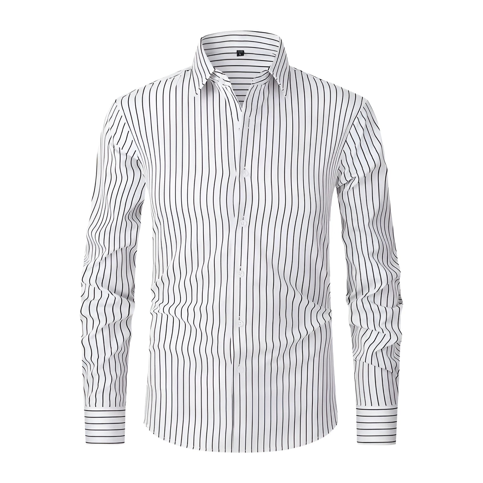 Man wearing a slim fit blue and white striped long sleeve business shirt.