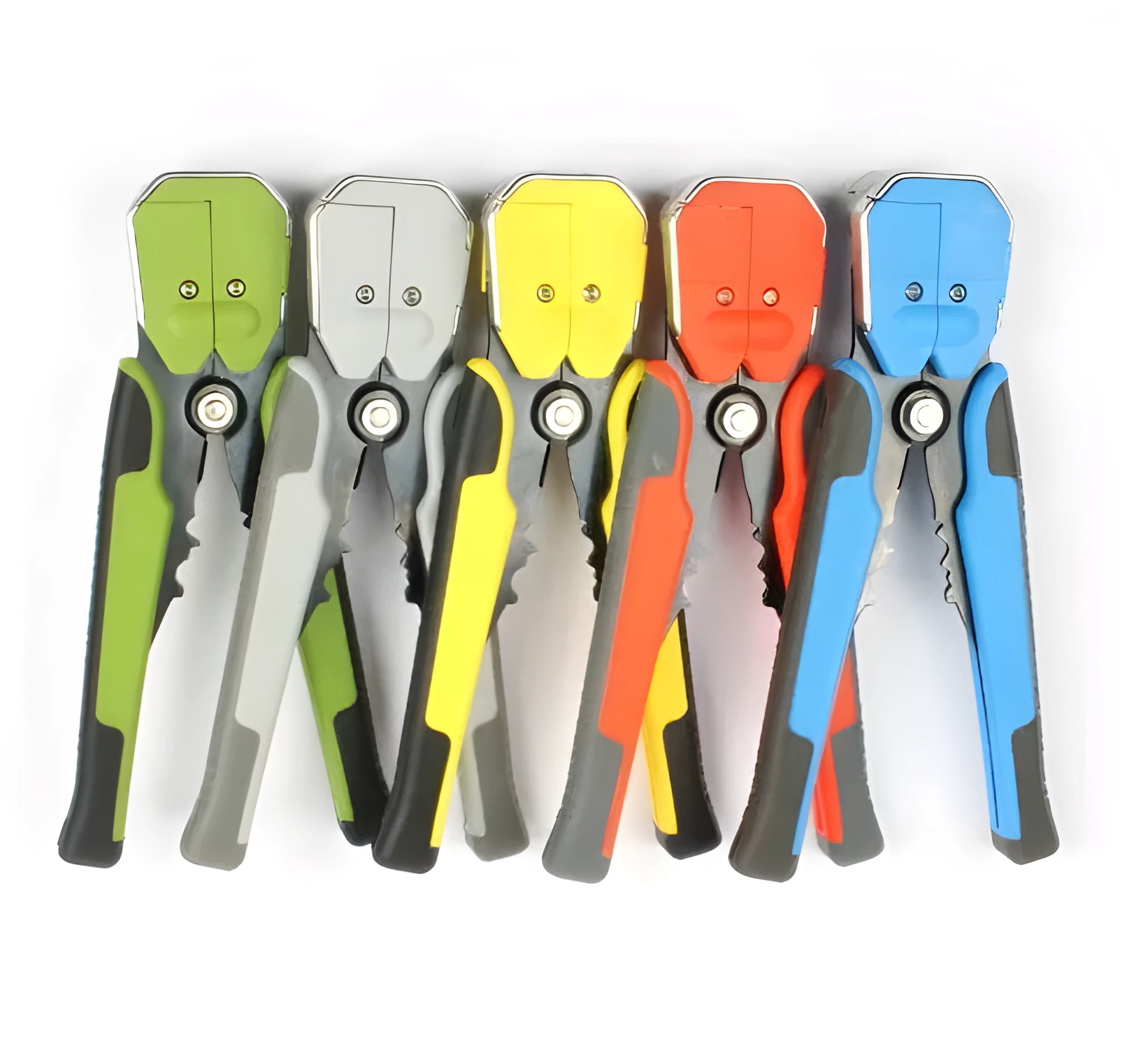 Yellow automatic 3-in-1 wire stripper crimper cutter tool on a workbench.