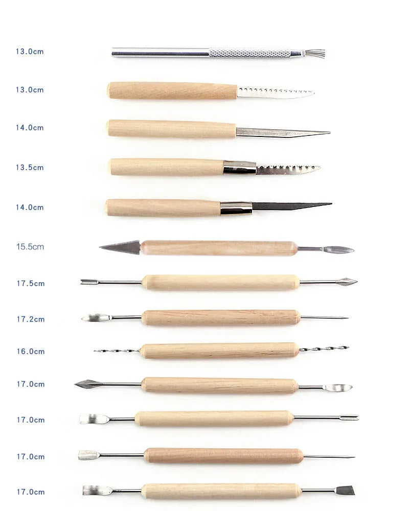 27-piece brown pottery clay tool set with stainless steel tools in a storage roll