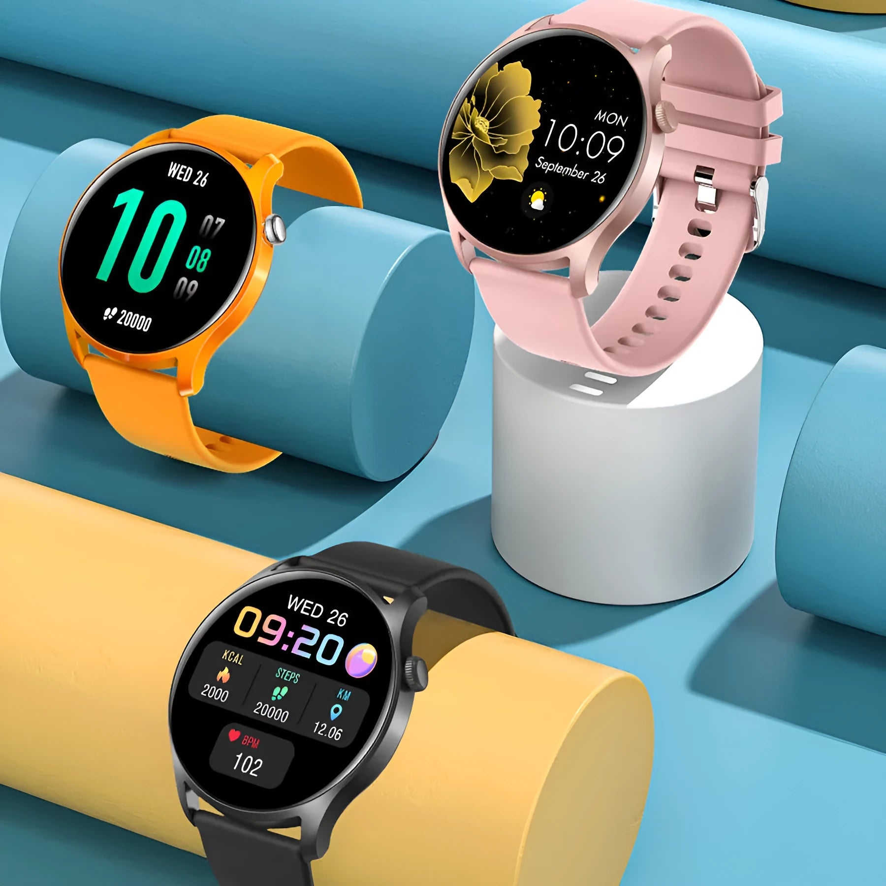 Bluetooth smart watch with 1.3-inch screen showing heart rate monitoring display on silicone wristband