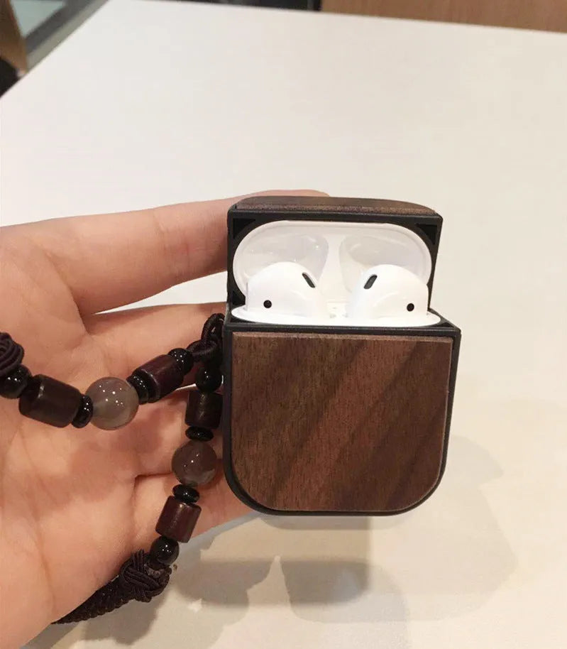 Walnut wooden clamshell case for AirPods 1/2 with vintage solid colour finish and bamboo texture