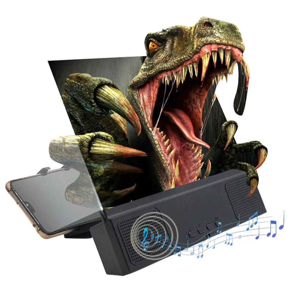 12-inch mobile phone screen amplifier unit with acrylic lens and ABS housing, shown with Bluetooth audio symbol.