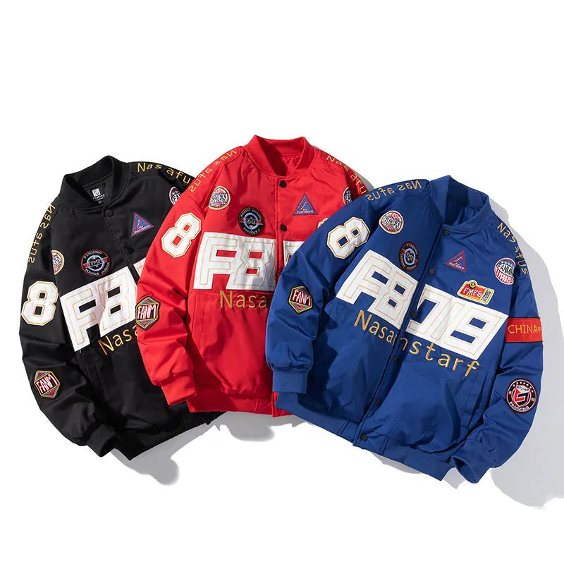 Black, red, and blue American motorcycle baseball uniform jackets shown in hooded and non-hooded styles.