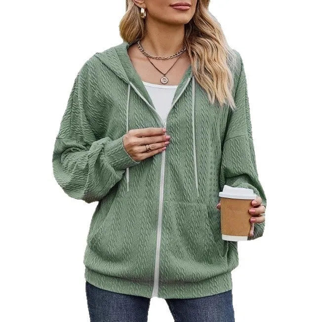 Green women's hooded sweater coat with full front zipper in a loose casual fit