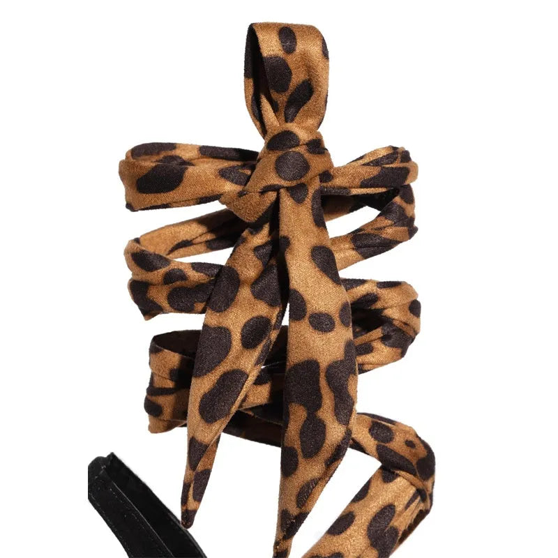 Light brown leopard print Roman-style women's sandals with cross-strap design and super-high 8cm heels