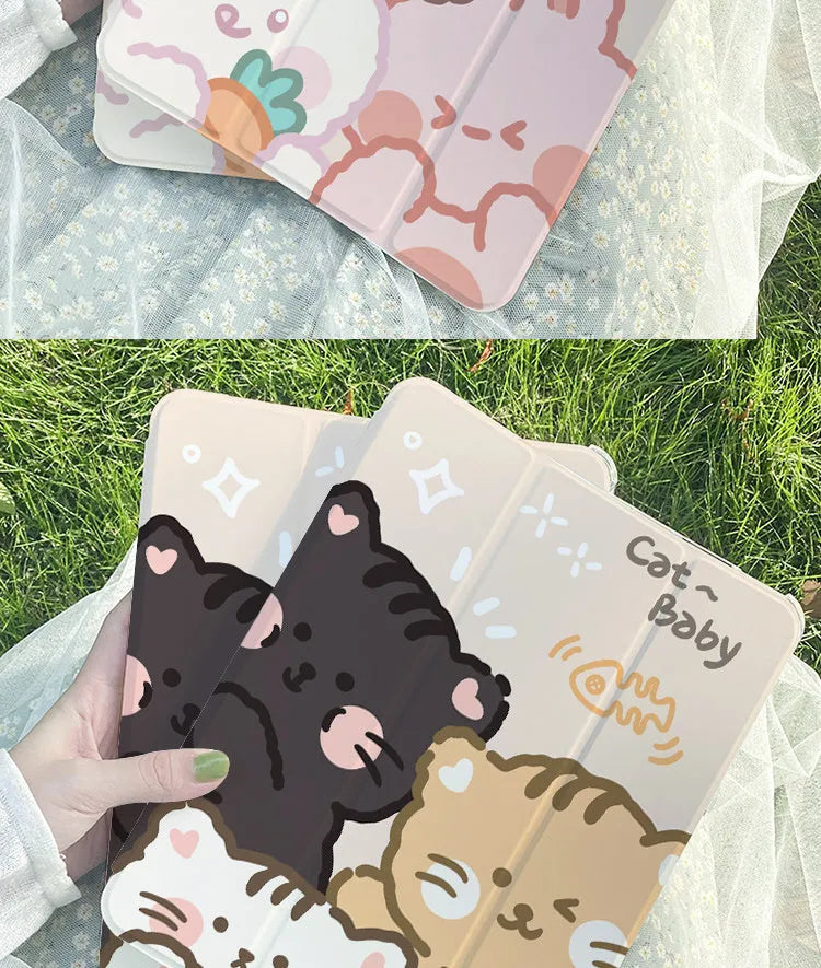 Silicone tri-fold protective case for iPad in cartoon rabbit design, shown folded into a stand position.