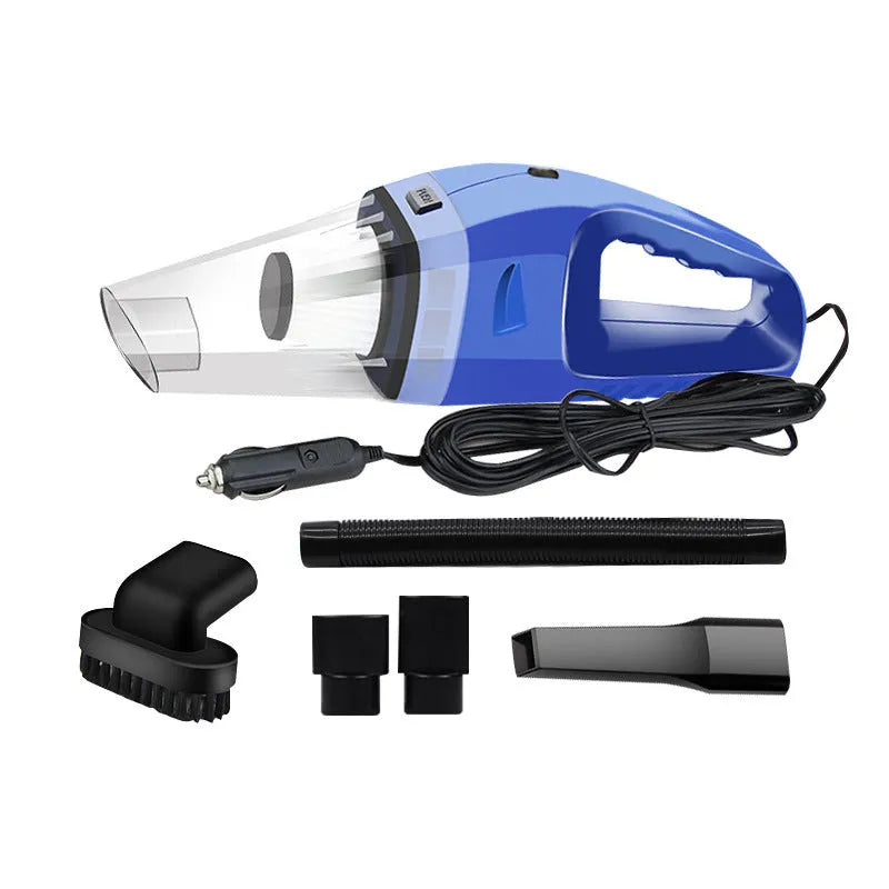 Orange handheld 12v car vacuum cleaner with nozzle attached on a car seat.