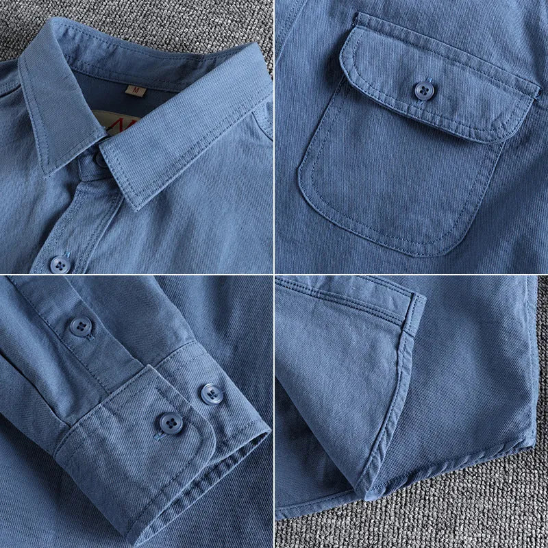 Men's retro cardigan style long sleeve shirt in solid light blue colour