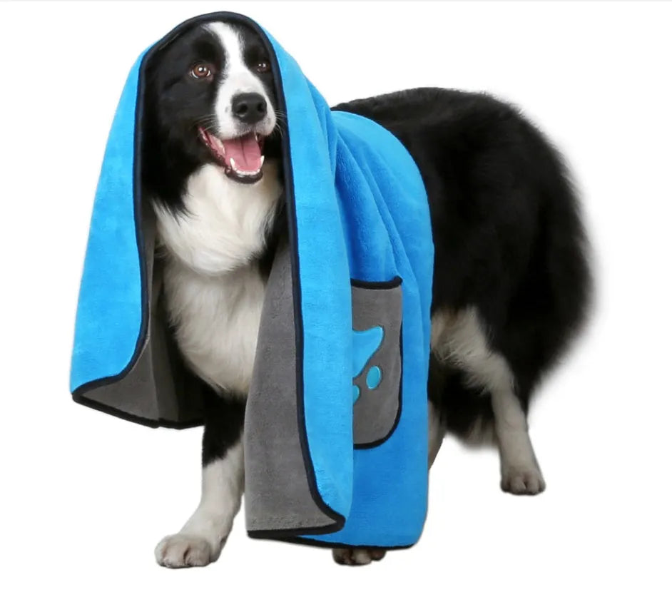 Blue pet bath towel made from 800g superfine absorbent fiber for drying dogs and cats