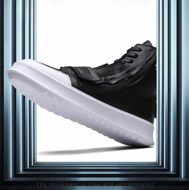 Men's black and white PU leather ankle boots in a high-top sneaker style for winter.