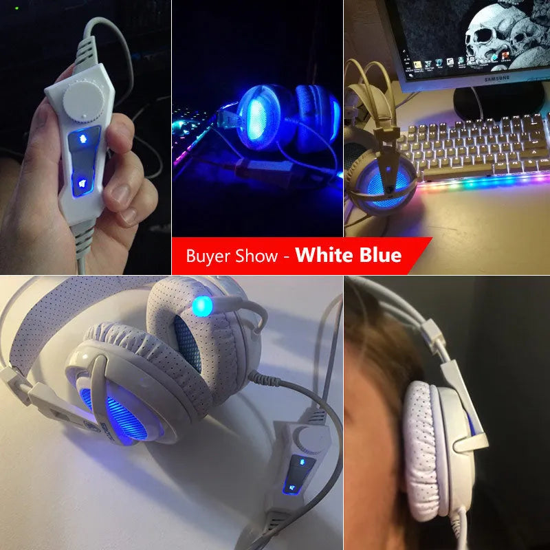 Black and white 7.1 USB gaming headset with LED lights and padded headband