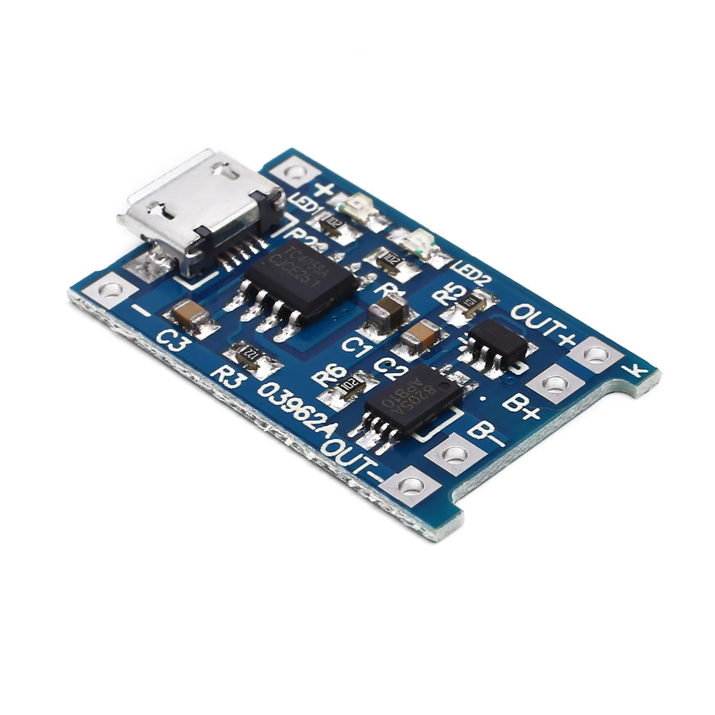 Blue lithium battery charging and protection circuit board measuring 26 by 17 millimetres.