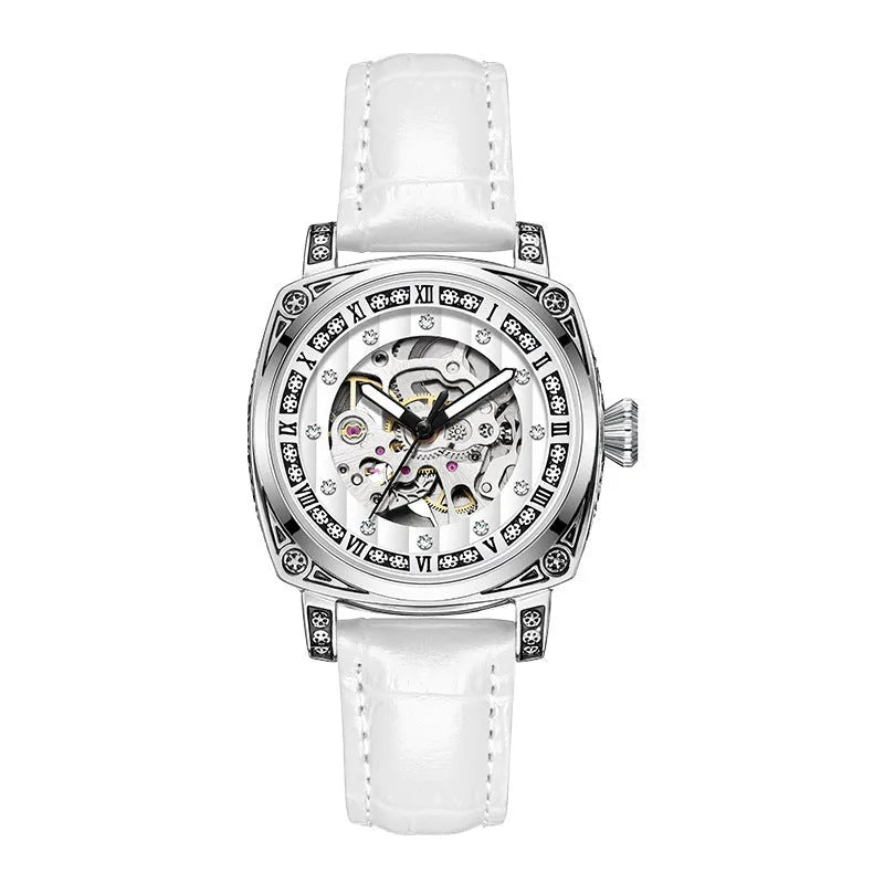 Mechanical luminous waterproof watch with leather strap in multiple colour options