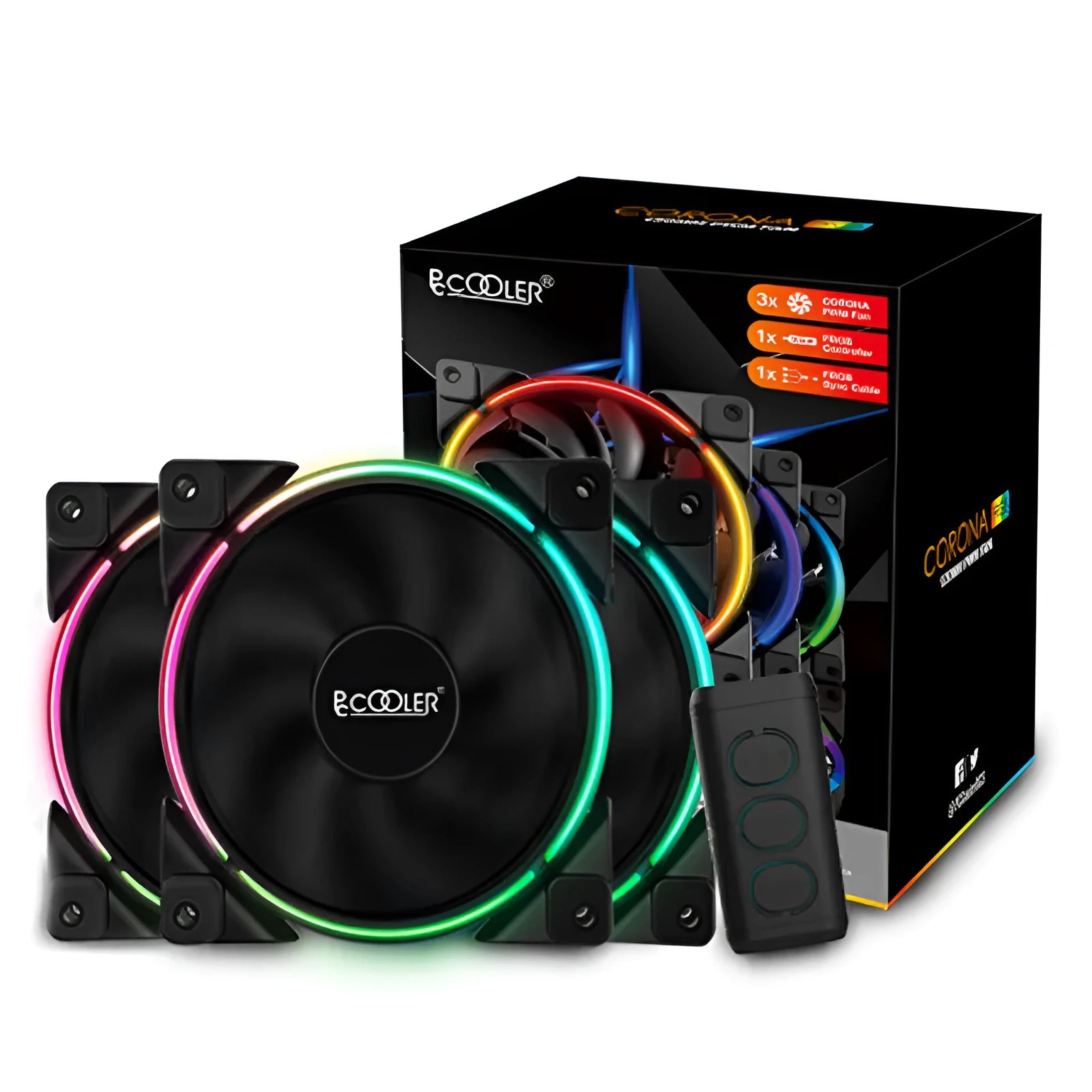 Three black 12cm RGB PC chassis fans with hydraulic bearings