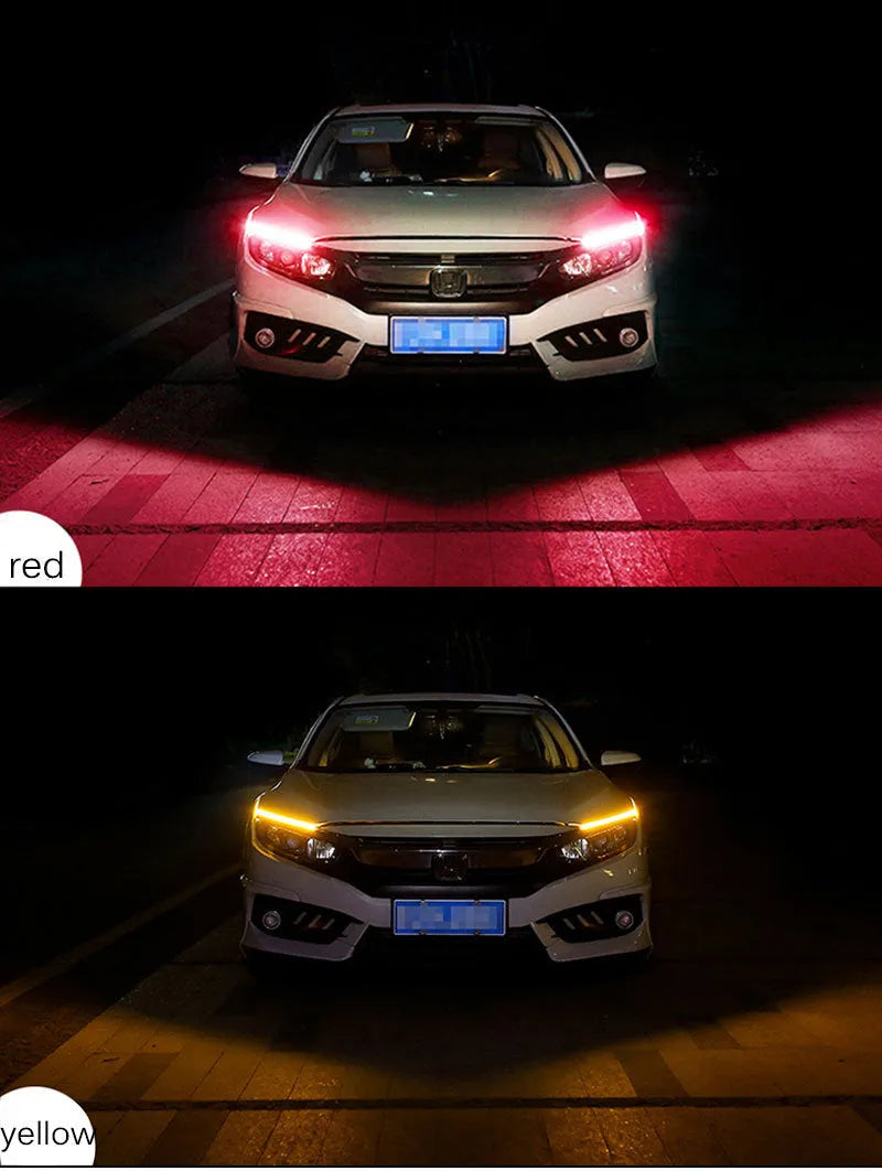 Car LED daytime running light strip with flowing turn signal function in silicone housing