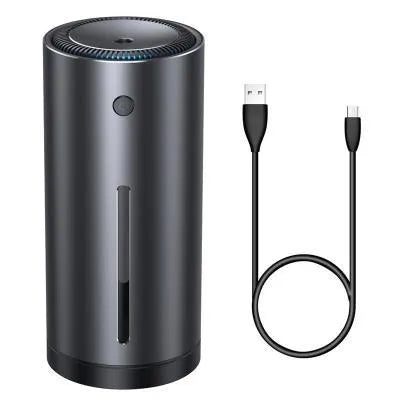 Black aluminium alloy car humidifier and aromatherapy diffuser with USB cable for 12V power.