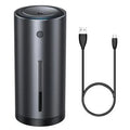 Black aluminium alloy car humidifier and aromatherapy diffuser with USB cable for 12V power.
