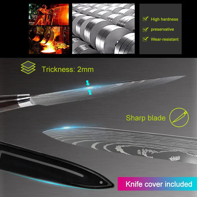 Chef knife with Damascus steel blade, color steel handle, 30cm length for kitchen use