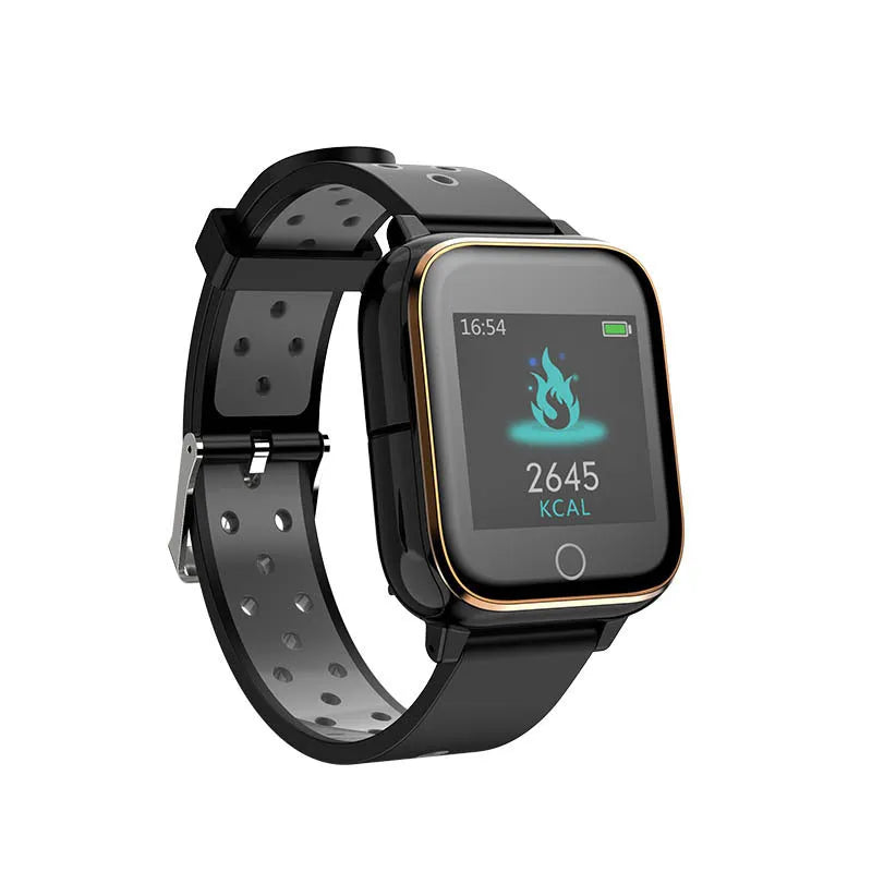 Black smart watch with integrated Bluetooth earbuds stored in the watch body, showing a 1.4-inch display.