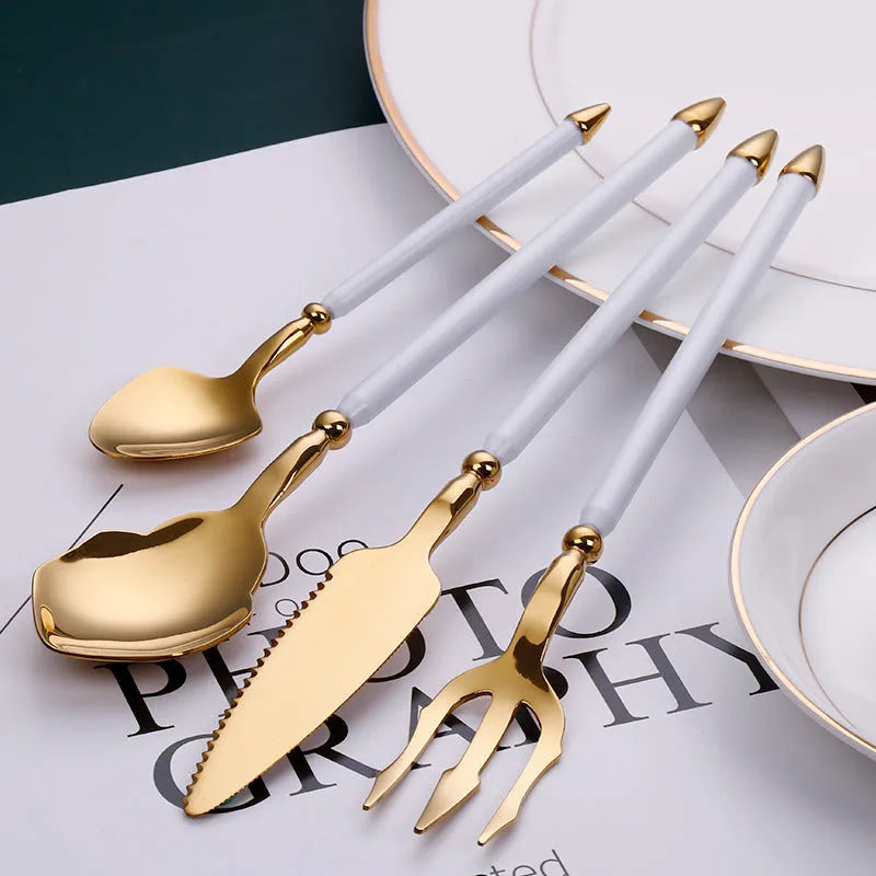 Stainless steel 4-piece cutlery set with knife fork and two spoons in a solid colour finish