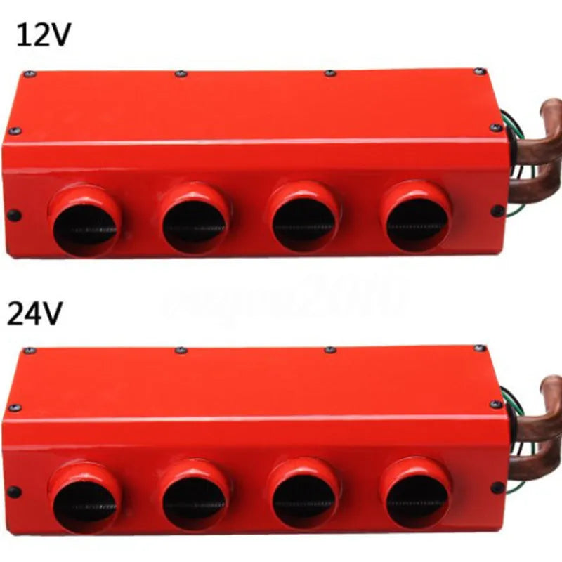 Metal car heater unit with copper pipes for 12V 24V vehicle cabin heating and defrosting.