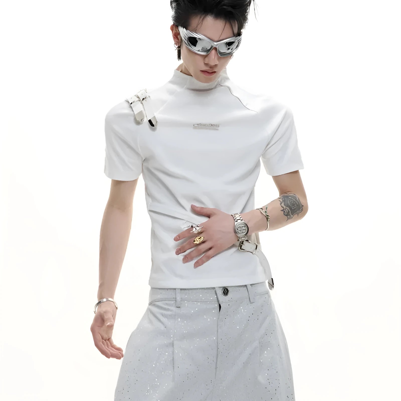 Men's black slim-fit cotton T-shirt with a small stand-up collar and decorative metal belt detail.