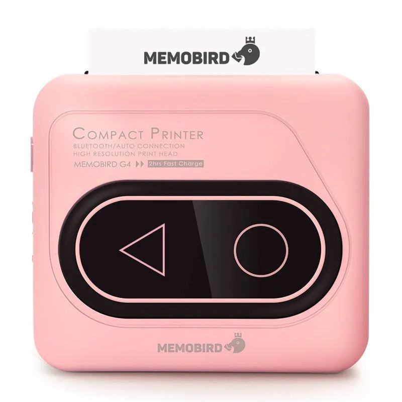 Portable Bluetooth thermal printer in avocado green, pink, small yellow duck or white colours