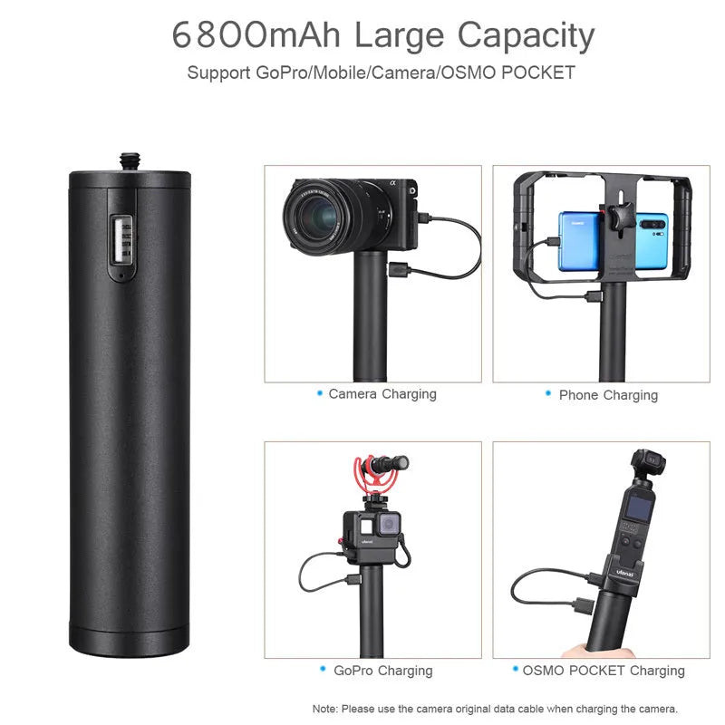 Black aluminium power bank with carry handle showing 6800mAh capacity
