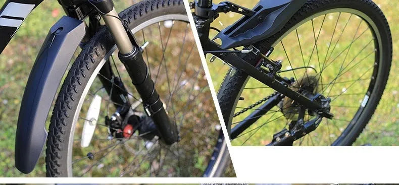 Mountain bike mudguard set with quick-release design, plastic construction, rubber arc ends, and rear tail light, in multiple colours