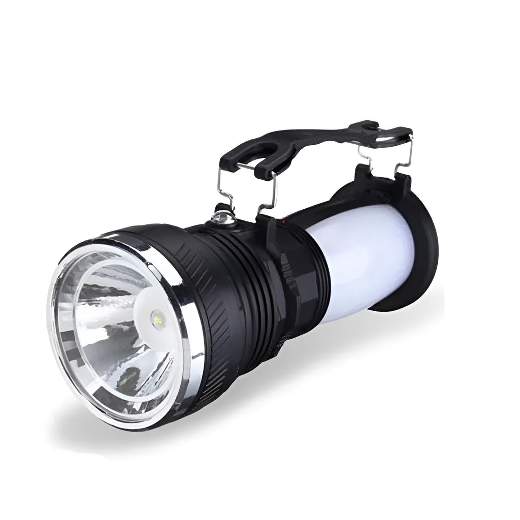 Black solar-powered LED emergency flashlight with USB charging port