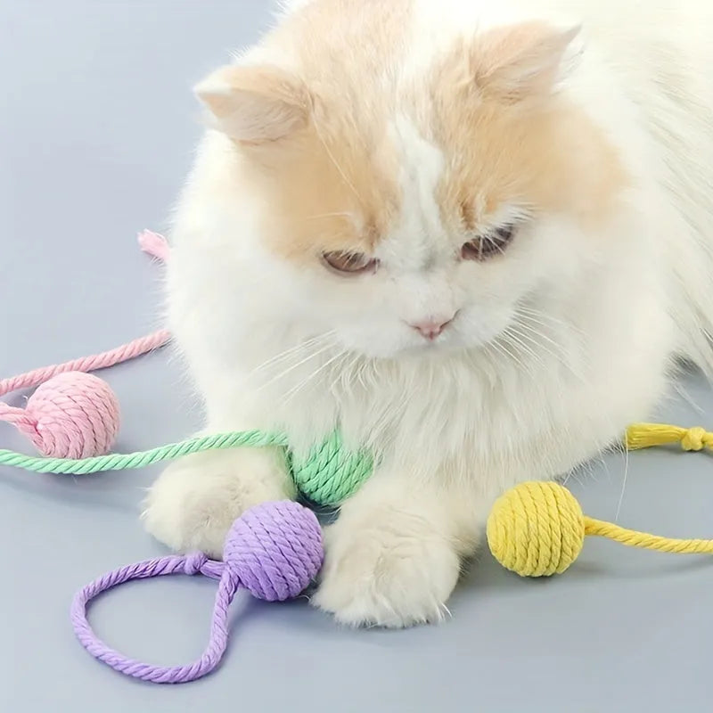 Colourful cat toy ball with rope handle and internal bell in small and medium sizes