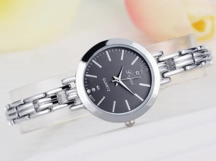 Women bracelet quartz wristwatch round dial silicone strap alloy case pin buckle silver rose gold