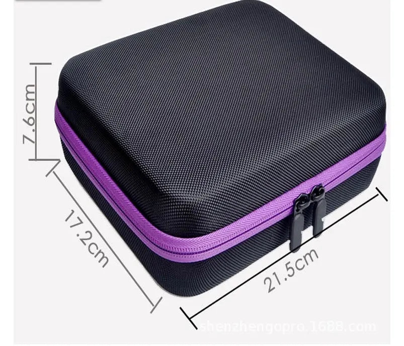Red cube-shaped essential oil storage bag with 30 compartments for 15ml bottles, shown with zip open.