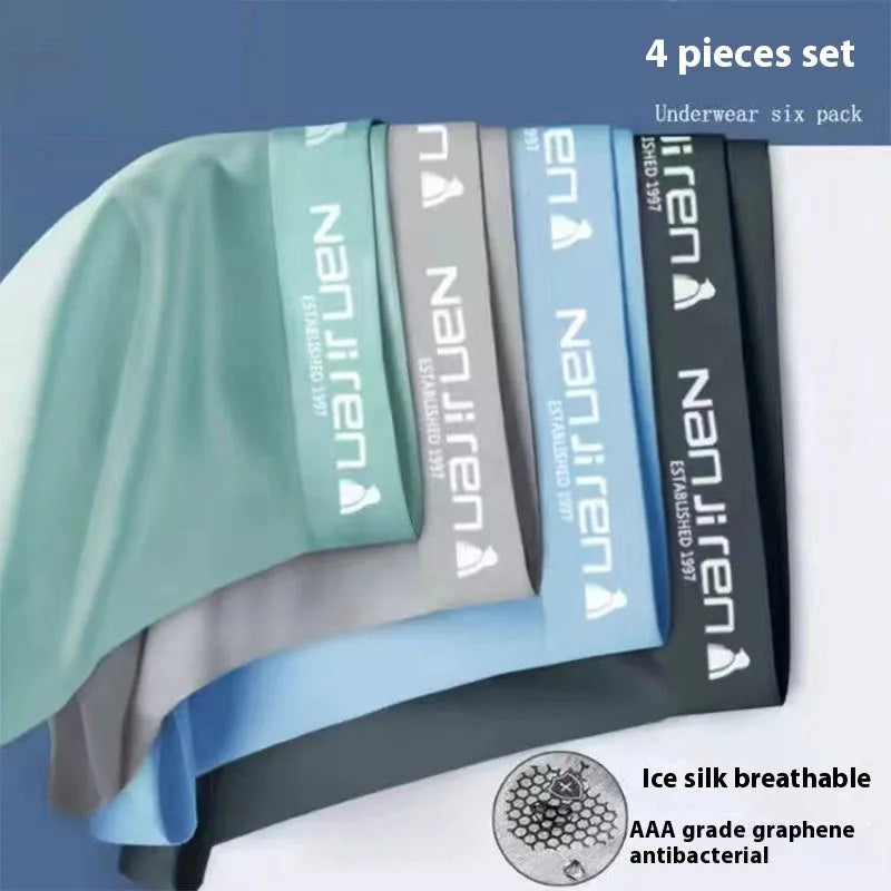 Men's ice silk graphene antibacterial boyshorts on white background showing four pairs in different colours